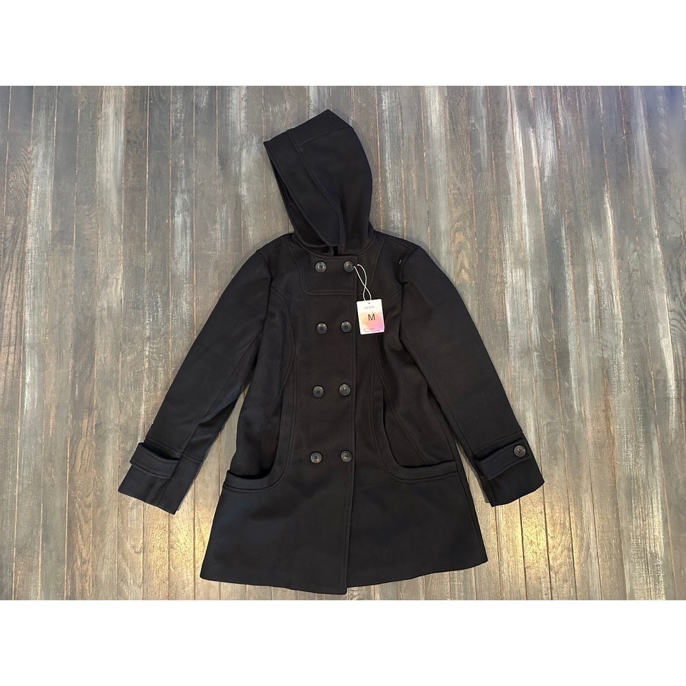 Tanming Black Hooded Double Breasted Pea Coat Mid Length Jacket Size Medium NWT